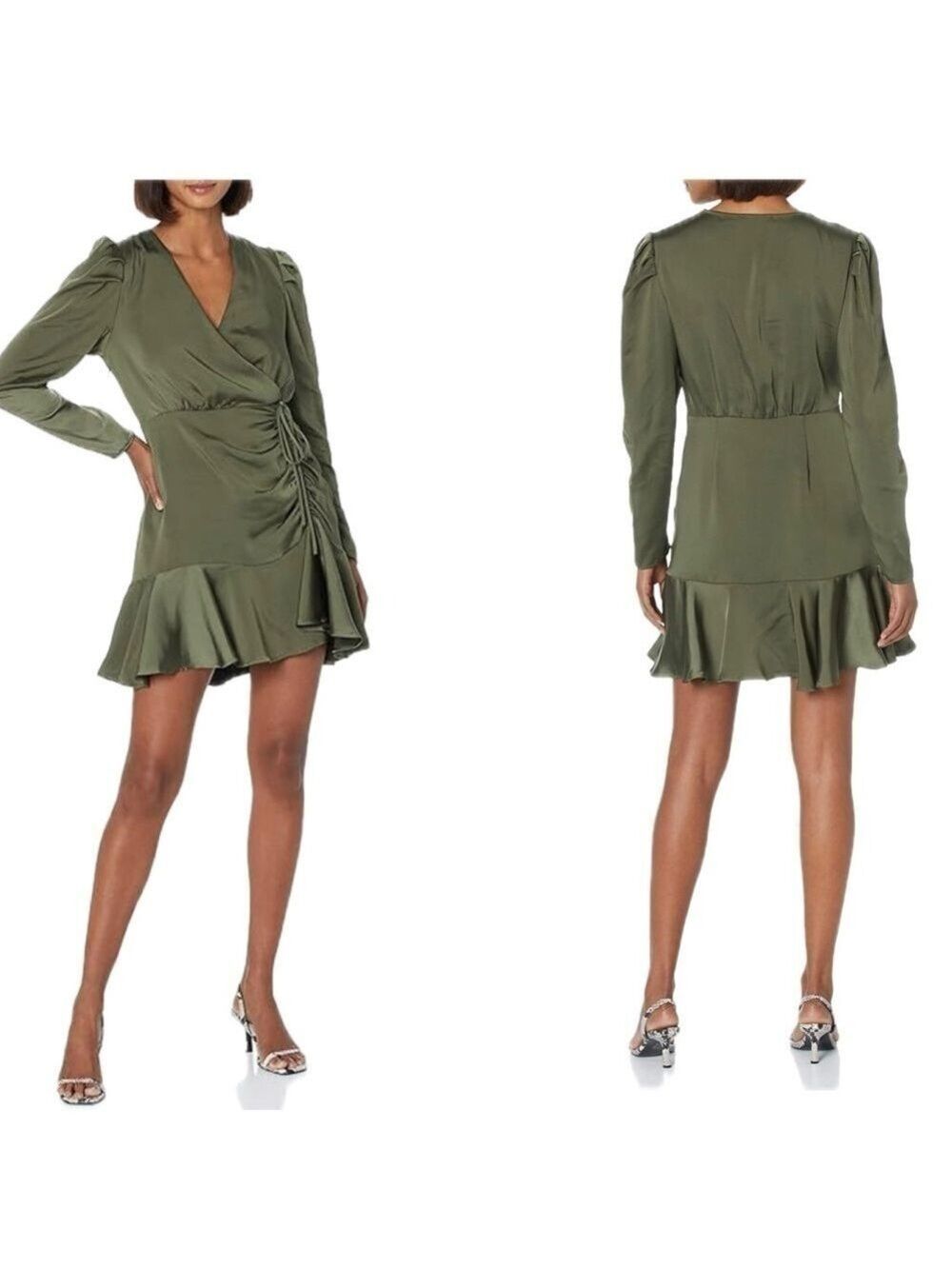 Steve Madden khaki olive green satin effect ruffle BB DAKOTA NYLA DRESS NWT